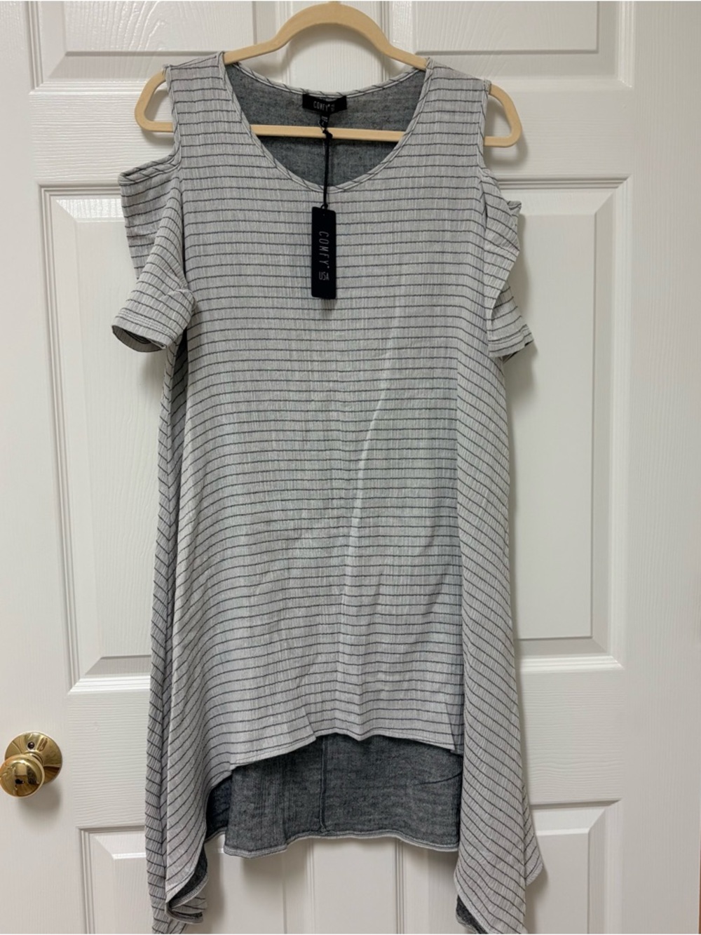 Comfy USA Gray Striped Cold-Shoulder Asymmetrical Tunic Dress